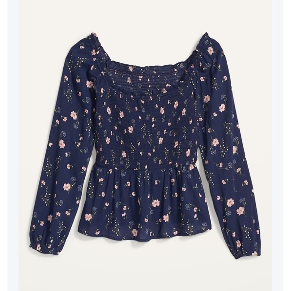 Old Navy Womens Navy Blue Ditsy Floral Smocked Square Neck Peplum Blouse Large